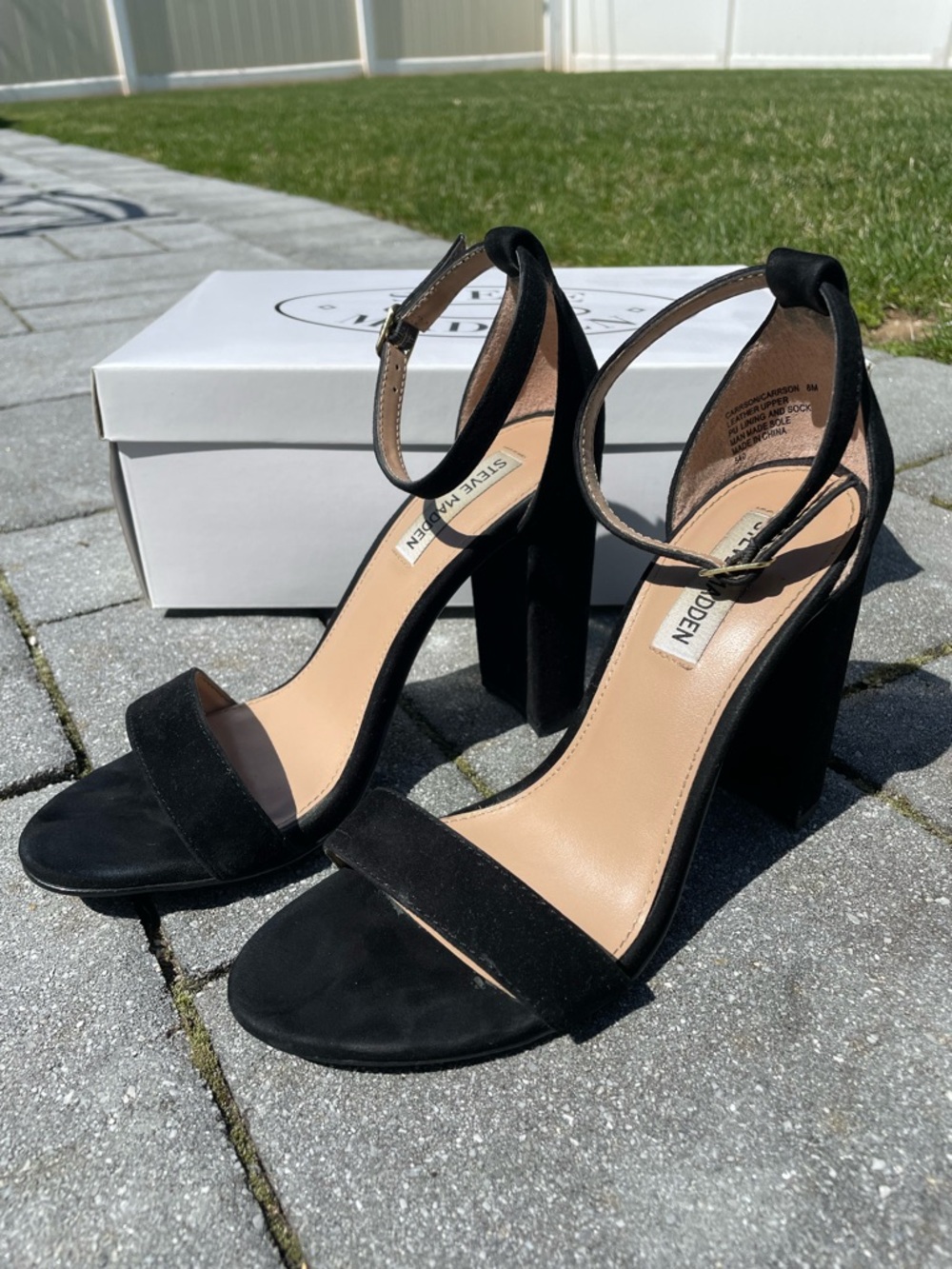 Women’s Steve Madden Carrson Black Suede Ankle-Strap Block Heel Sandals